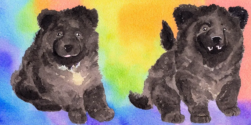 Image similar to a watercolor painting of an off - black chow chow puppy standing on a glowing rainbow bridge