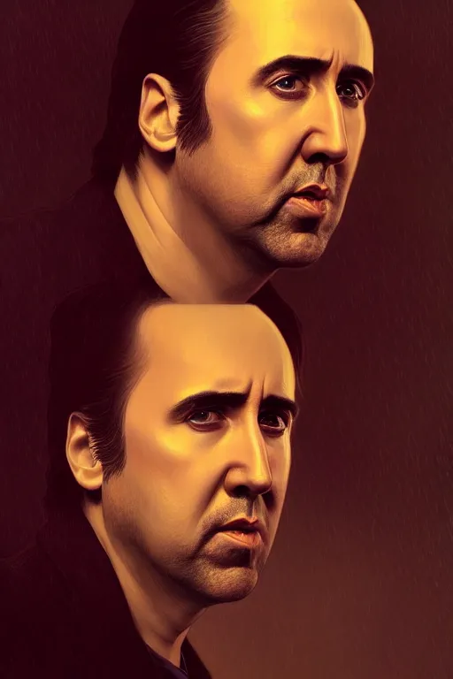 Prompt: a portrait of nicolas cage, fantasy, sharp focus, intricate, elegant, digital painting, artstation, matte, highly detailed, concept art, illustration, ambient lighting, art by ilya kuvshinov, artgerm, alphonse mucha, and greg rutkowski