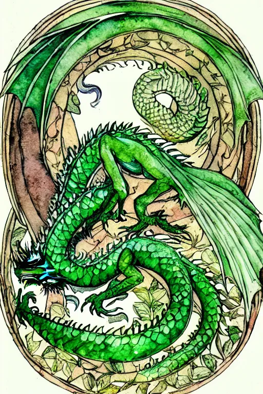 Image similar to green dragon watercolor painting in the center of a circular frame of leaves, art by walter crane and arthur rackham, illustration style, watercolor