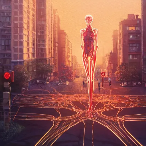 Image similar to detailed intricate digital illustration by greg rutkowski and artgerm and wlop and sanford robinson gifford ; glowing anatomically correct human veins loom over city intersection ; 1 3 mm film, arri alfa anamorphic lens ; long exposure, sharp focus ; golden hour, trending on artstation 8 k