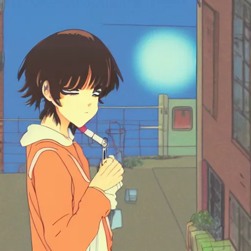 Prompt: anime girl in dimly light golden gai smoking a cigarette during sunset, studio ghibli, 8 0 s anime, in the style of kimagure orange road, nostalgic, artstation, 8 k