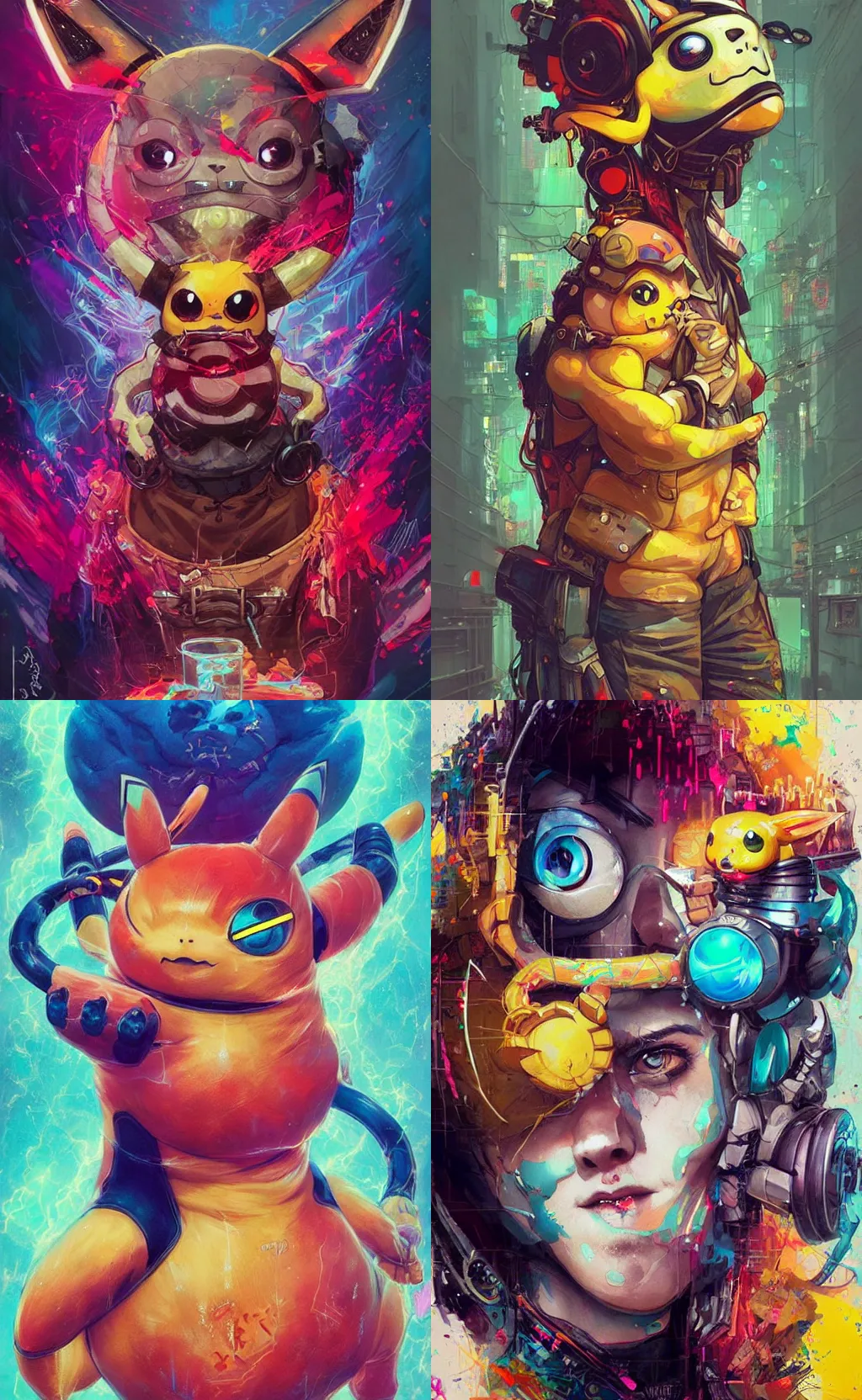 Prompt: beautiful portrait of lofi cyberpunk Pokemon Pikachu by Tristan Eaton and Stanley Artgerm and Tom Bagshaw, Greg Rutkowski Carne_Griffiths