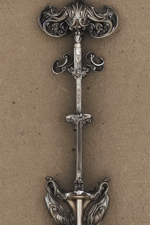 Image similar to sword of justice hanging on a wall, ornate gem in pommel, engraved blade, table at bottom