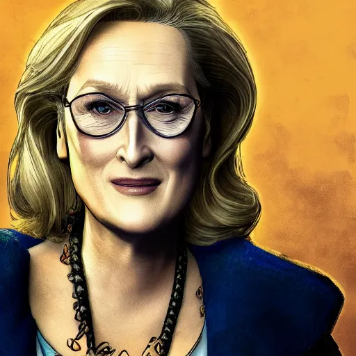 Image similar to meryl streep portrait, borderlands, tales from the borderlands, the wolf among us, comic, cinematic lighting, studio quality, 8 k