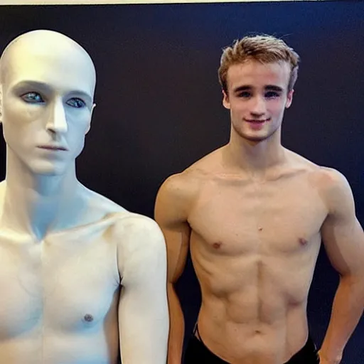 Image similar to “a realistic detailed photo of a guy who is an attractive humanoid who is half robot and half humanoid, who is a male android, British diver Jack Laugher & Chris Mears, shiny skin, posing like a statue, blank stare, at the museum, on display”