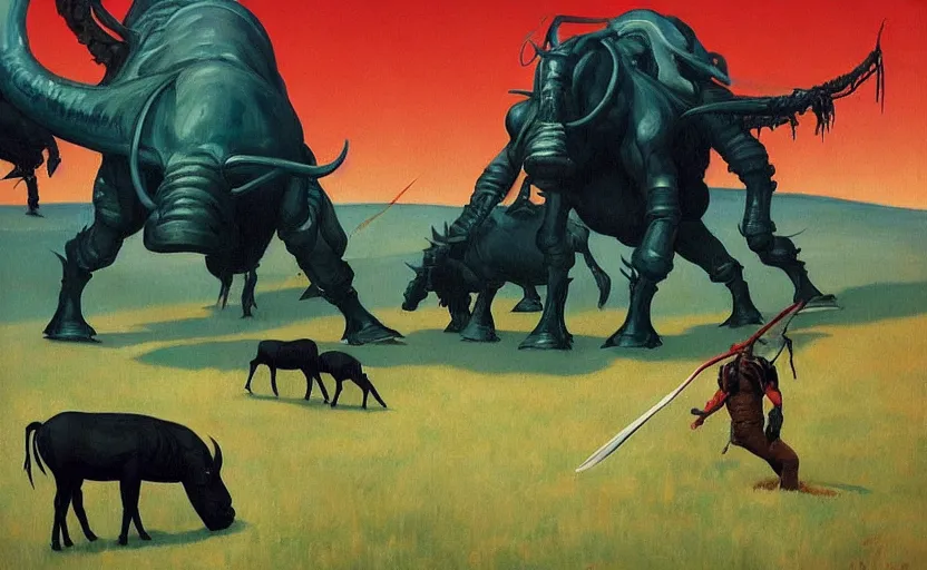 Prompt: Aliens riding Black buffaloes in the Pontine swamp with swords, very coherent, painted by Edward Hopper, painted by James Gilleard, airbrush, art by JamesJean