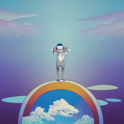 Prompt: a man walking on clouds away from the camera above a lake by takashi murakami, beeple and james jean, aya takano color style, 4 k, super detailed, modern, 4 k, symmetrical