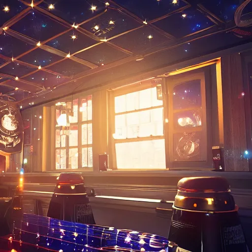 Image similar to part of a british pub floating in space, stars and galaxies, beams of light, trending on artstation, octane render