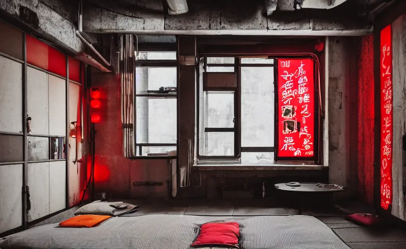 Image similar to maximalist interior of a japanese bedroom, concrete, cyberpunk, japanese neon signs, retro futuristic, old brick walls, rough wood, grey, anthracite, red, akihabara style, swedish style, window with a view of apartment blocks