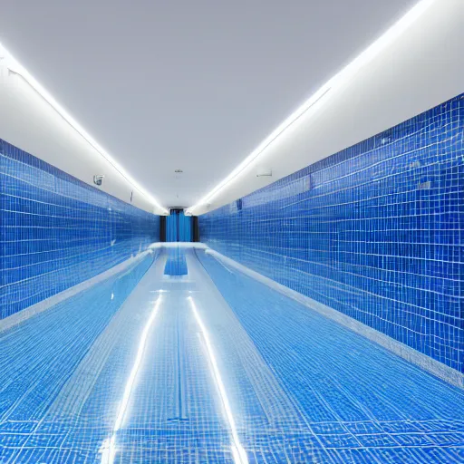 Prompt: Endless corridor of pools, lowly lit, professional photo, blue tiles