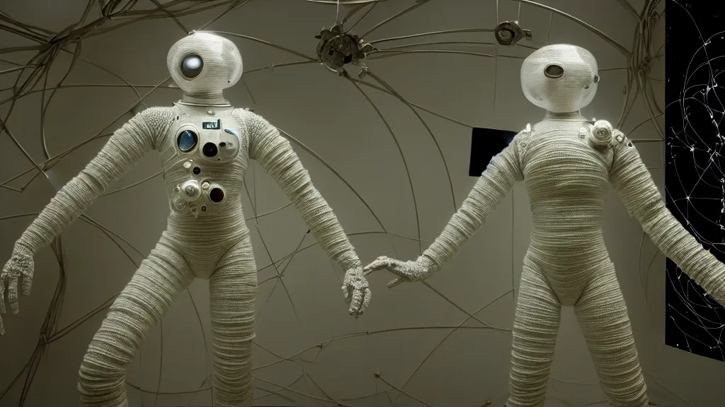 Image similar to a cybernetic symbiosis of a single astronaut eva suit made of pearlescent wearing knitted yarn thread infected with diamond 3d fractal lace iridescent bubble 3d skin covered with stalks of insectoid compound eye camera lenses floats through the living room, film still from the movie directed by Denis Villeneuve with art direction by Salvador Dalí, wide lens,