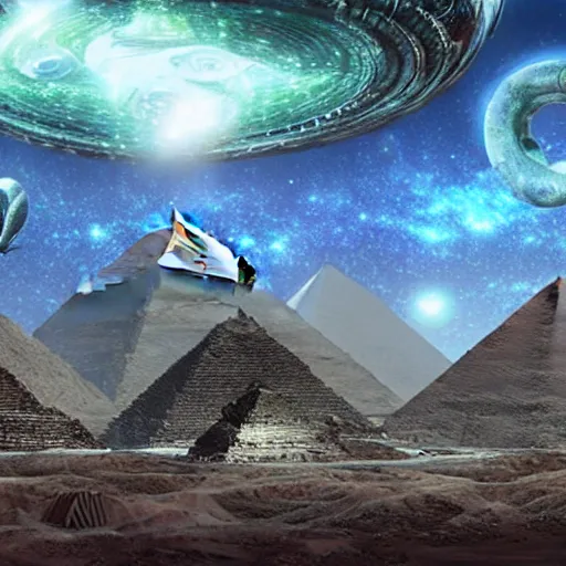 Prompt: ultrarealistic cgi aliens in a meeting of the galactic federation 1 5 0 0 0 years ago before matrix installation. realistic futuristic background unreal engine hyperdetailed photorealistik patterned robes. ancient pyramids with sacred geometry glowing scenery background in the style of android jones