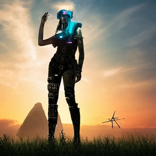 Prompt: young explorer wearing a cyberpunk headpiece, cyberpunk clothes, full body, sitting in a field, monolith ruins in background, sunset, sharp focus, volumetric lighting, highly detailed, by Max Prentis 8k wallpaper