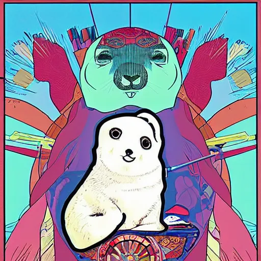 Prompt: baby harp seal sakura sunset illustration, pop art, splash painting, art by geof darrow, ashley wood, alphonse mucha