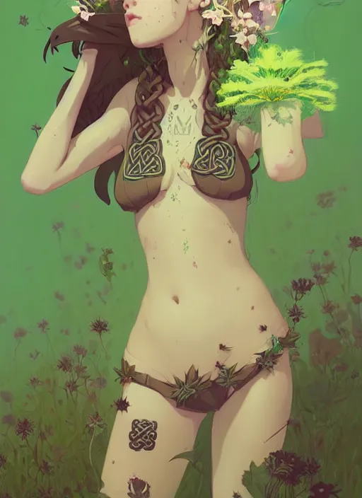 Prompt: portrait of cute fairy girl with crown of flowers in plants bikini covered with celtic rune tattoos, fantasy, by atey ghailan, by greg rutkowski, by greg tocchini, by james gilleard, by joe gb fenton, by in kaethe butcher, dynamic lighting, gradient light green, brown, blonde cream and white color in scheme, grunge aesthetic