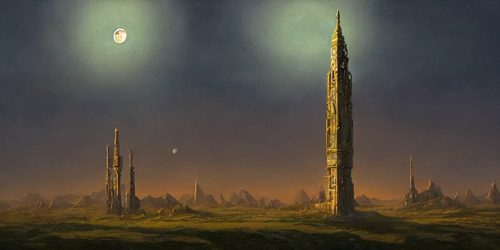 Image similar to The great intricate marble and golden wizards tower, painted landscape, green fields in the background, moody lighting, moon in the night sky, sharp image, 4k, art by Donato Giancola and Bayard Wu, digital art, trending on artstation