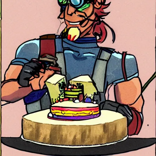 Prompt: solid snake eating a cake in the style of gonzossm