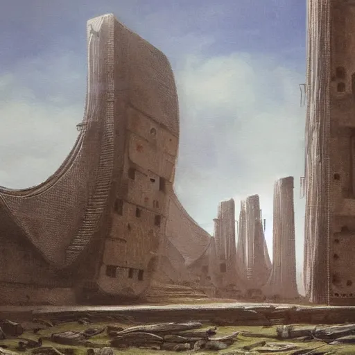 Image similar to painting of a scifi ancient civilzation victorian, brutalist architecture