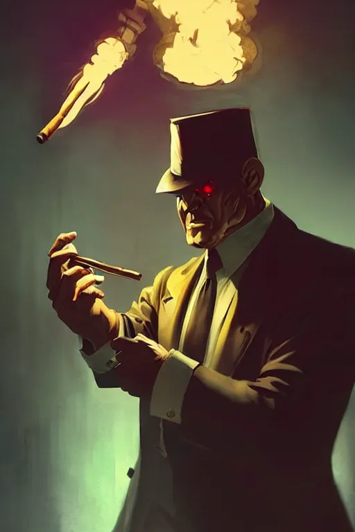 Prompt: A mafia boss lighting a cigar in a cyberpunk setting, by Frank Frazetta, volumetric lighting, high contrast colours, as trending on Artstation, highly detailed,