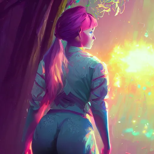 Image similar to skill magic deepdream guard girl from the back radiating a glowing aura stuff loot legends video game artstation lois van baarle, ilya kuvshinov by ismail inceoglu dragan bibin hans thoma, perfect face, fine details, realistic shaded, fine - face, pretty face