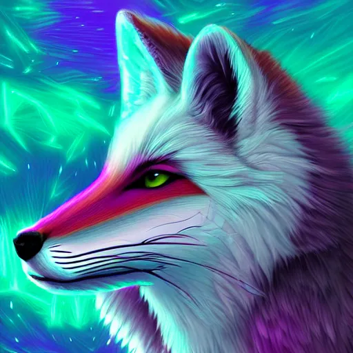 Prompt: digital purple and white and purple fox, retrowave palette, digital world, highly detailed, electric breeze, anatomically correct vulpine, synth feel, fluffy face, ear floof, flowing fur, super realism, accurate animal imagery, 4 k digital art