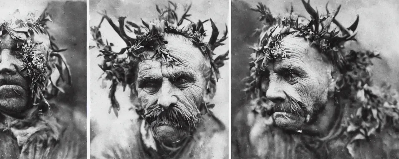 Image similar to 1920s portrait photography of an alpine old farmer transforming into a monster, edelweiss growing out of his face, devilish horns on his head