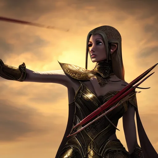 Prompt: a tall and slender female high elf ranger holds a fully drawn longbow towards the sky. fantasy, 4k, crisp lighting