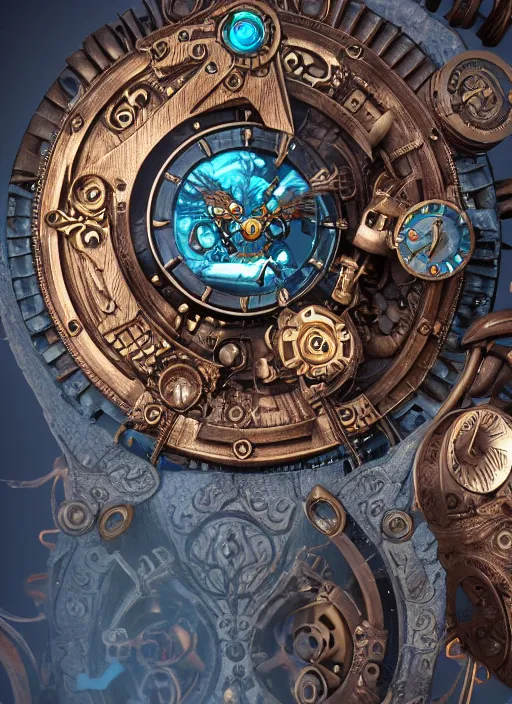 Image similar to steampunk aztec owl pocketwatch, intricate detail, volumetric lighting, epic composition, hyper detailed, ultra realistic, sharp focus, octane render, lava lamp, blue moon, volumetric, ray tracing, artstation trending, cgsociety, sense of awe, swirling mist, 4 k