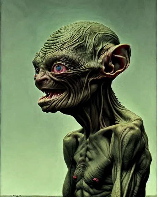 Image similar to gollum smeagol grotesque, ultra detailed, ultra realistic, by beksinski, alejandro jodorowsky, giger, greg rutkowski, carne griffith trending on artstation, deviantart, photorealism