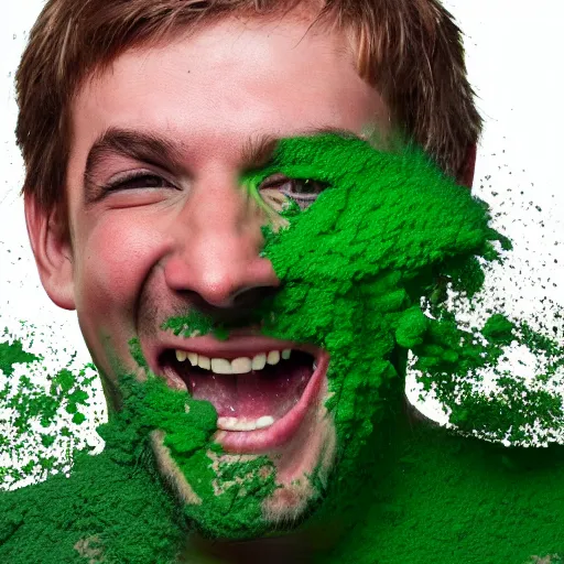 Image similar to man covered in green powder laughing hysterically, hyper detailed, award winning photograph, 8k image