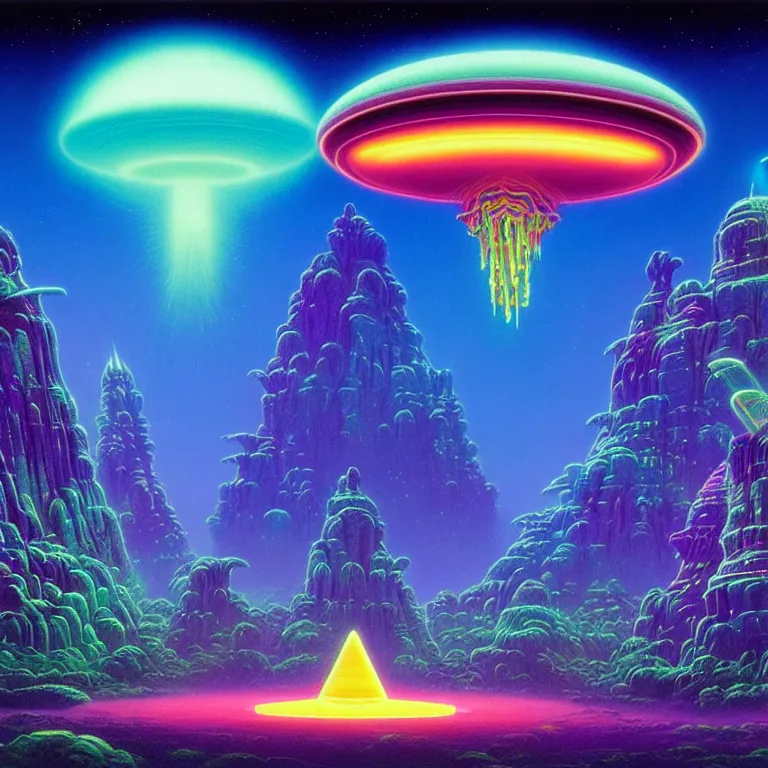 Image similar to mysterious ufo dieties hovering over magical crystal temple, psychic waves, synthwave, bright neon colors, highly detailed, cinematic, tim white, michael whelan, roger dean, bob eggleton, lisa frank, vladimir kush, kubrick, kimura, isono