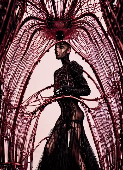 Image similar to walking down the catwalk, steven klein, show, stage, vogue photo, podium, fashion show photo, historical baroque dress, iris van herpen, beautiful woman, full body shot, masterpiece, intricate, wires, veins, jellyfishs, biopunk, guyver, highly detailed