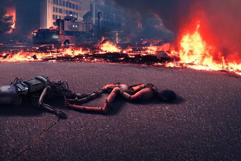 Image similar to vfx film closeup, dead robot couple on the ground holding hands, city street tire tracks fire. flat color profile low - key lighting award winning photography arri alexa cinematography, hyper real photorealistic cinematic atmospheric cool colorgrade