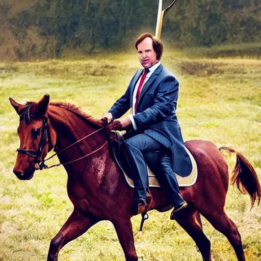 Image similar to saul goodman riding a horse while holding a sword, photograph, high rated, realistic, award winning