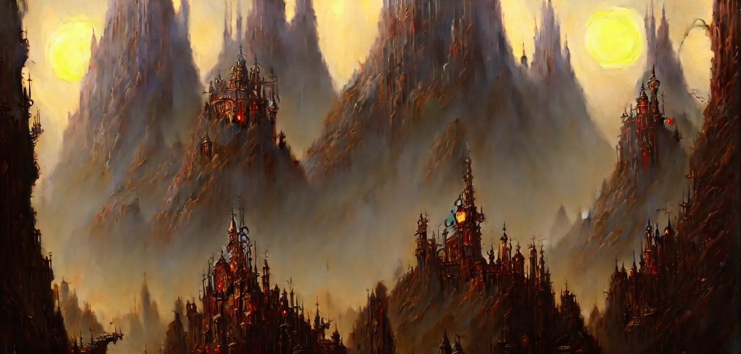 Image similar to exquisite imaginative fantasy landscape with steampunk towers movie art by : : james gurney lucusfilm weta studio, trending on artstation james jean frank frazetta