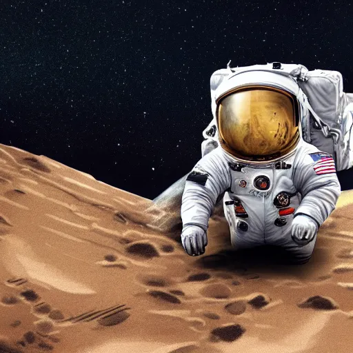 Prompt: highly detailed digital painting of a heroic corgi cosmonaut landing on the moon