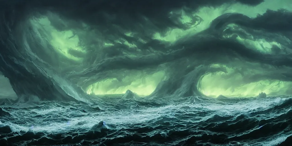 Image similar to evil eldritch lovecraftian scenery seascape, lord of the rings, rough oceans, aurora borealis, mist, leviathan, tentacles, stormy weather, waves, highly detailed, bleak color, perfect lighting, perfect composition, 8 k, brian froud, artgerm, derek zabrocki, greg rutkowski