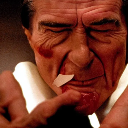 Prompt: Still of Ronald Regan removing his human skin, revealing his lizard body, in the style of Eyes Wide Shut (1999)