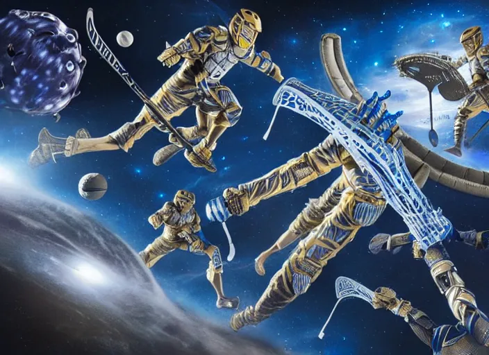 Image similar to lacrosse team chitauri, playing intergalactic championship, in space, highly detailed, 8k, intricate, award winning.