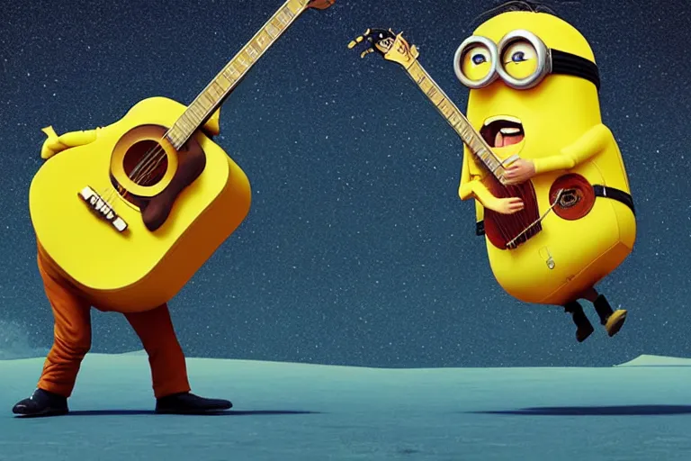 Image similar to the beatles performs with guitar on a giant yellow flying minion, sci fi, art by mike winkelmann, trending on cgsociety, retrofuturism, darksynth, sci - fi