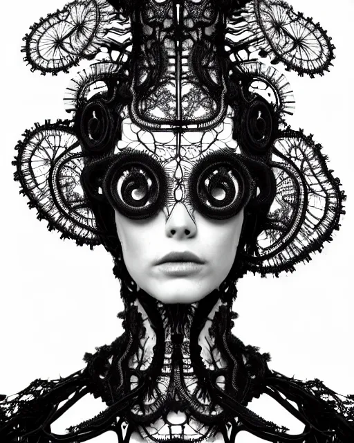 Image similar to surreal black and white photo portrait of complex bio-mechanical beautiful young female vegetal-cyborg with a Mandelbrot fractal steampunk metal fine lace face, a very long neck and a fine metal floral foliage super big lace collar by Alexander McQueen:: smoke, high fashion, haute couture, rococo, steampunk, silver filigree details, anatomical, facial muscles, cable wires, microchip, elegant, dreamy, foggy atmosphere, hyper realistic, 150 mm lens, soft rim light, octane render, unreal engine, picture was taken in 1910 by Man Ray, volumetric lighting, dramatic light,8k,