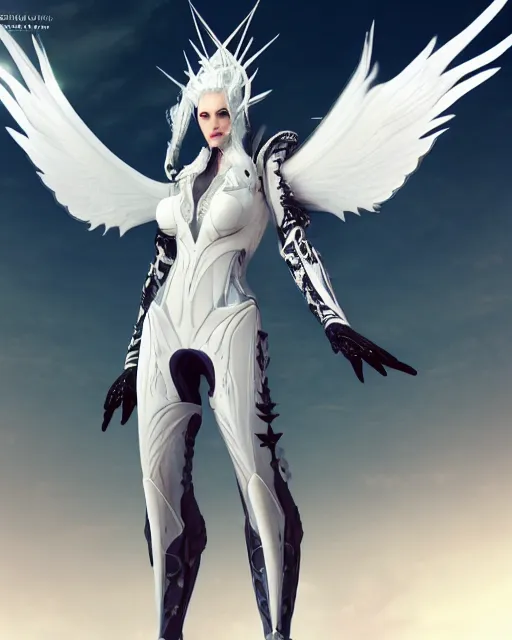 Prompt: tall, attractive white haired langolier wearing white dove wings, warframe armor, regal, attractive, ornate, sultry, sexy, beautiful, elize theron, pretty face, green eyes, scifi platform, 4 k, ultra realistic, epic lighting, illuminated, cinematic, black gold, art by akihito tsukushi, voidstar