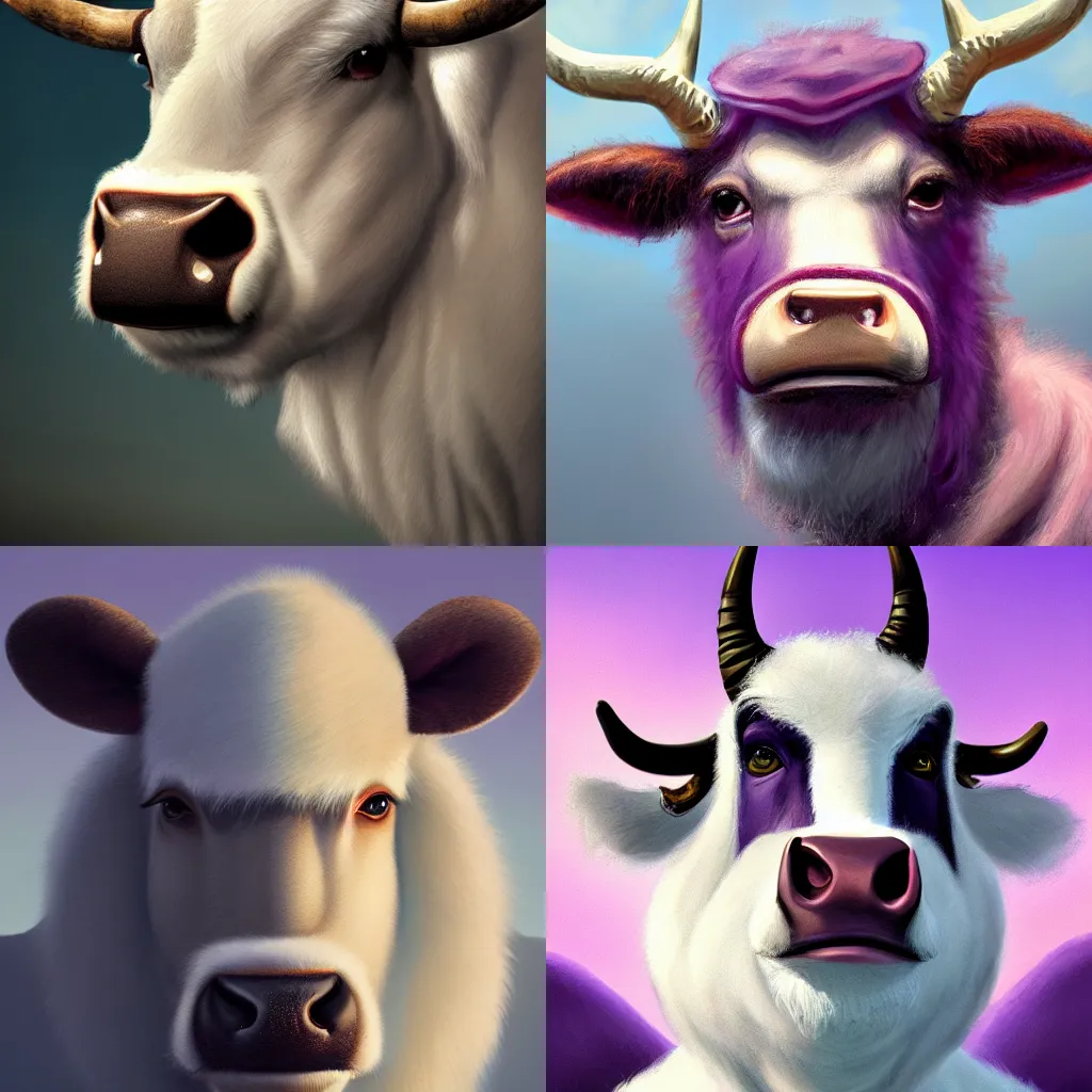 Prompt: portrait of an anthropomorphic bovine, kind - looking, white fur, wide horns, a short beard, wearing a purple mantle, medium shot, natural lighting, realistic, digital painting, highly detailed, sharp focus, fantasy illustration, artstation,