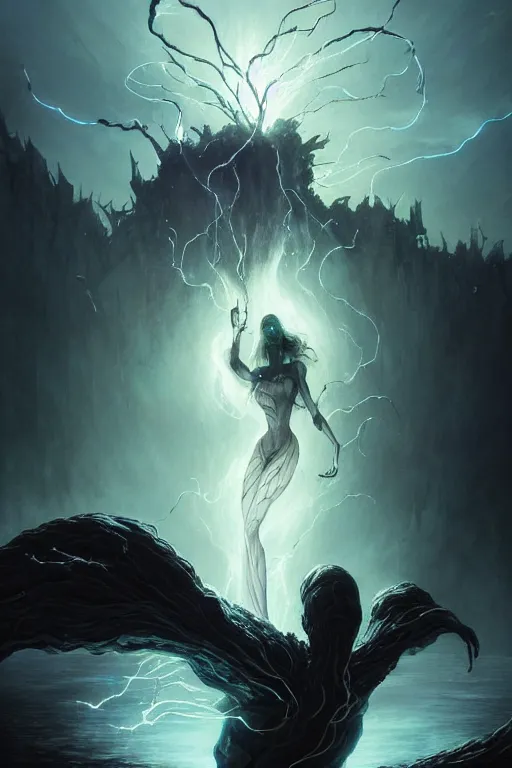 Prompt: Beautiful Eldritch Goddess of Black Lightning Attacking a Riverside Town, digital art, fantasy, magic, trending on artstation, illustration by Seb McKinnon and Peter Mohrbacher, ultra detailed, atmospheric, powerful presence, bossfight, darksouls, grand finale, explosive entrance, final battle, cutscene, cinematic lighting, unleashing the power of the flame, burning pulse, close-up