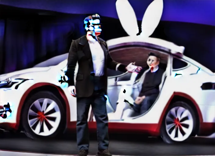 Image similar to elon musk presenting the new tesla wearing a bunny costume, award winning photo