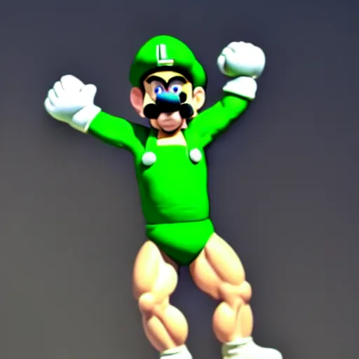 Prompt: Amazing detailed 3D render of a shirtless Luigi as a body builder in a weight lifting competition, extremely muscular, steroids, veins popping out, a crowd is cheering in the background, 3D, unreal engine, HDR, massive muscles, detailed face, detailed eyes with pupils, face is visible, detailed green Luigi \'L\' on his hat, dramatic lighting that highlights his muscles and veins