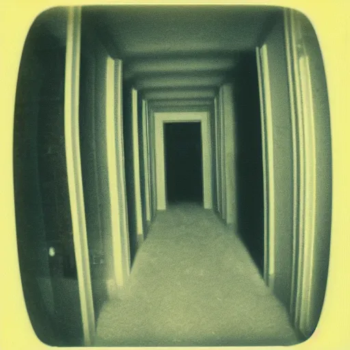 Image similar to a terrifying creature at the end of a hallway, dark!, creepy, nightmare fuel!!!, unsettling, uncanny valley!, old polaroid, expired film,