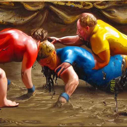 Image similar to 3 drunks fall over mud - wrestling,, oil painted ( ( ( ( ( ( by jeef koons ) ) ) ) ) )