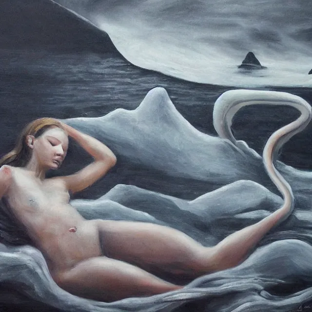 Image similar to a female art student falling asleep, misty, iceberg, black paint, dark, sensual, dreamy, waves, paint swirls, cloudy, squashed berries, octopus, neo - impressionist, surrealism