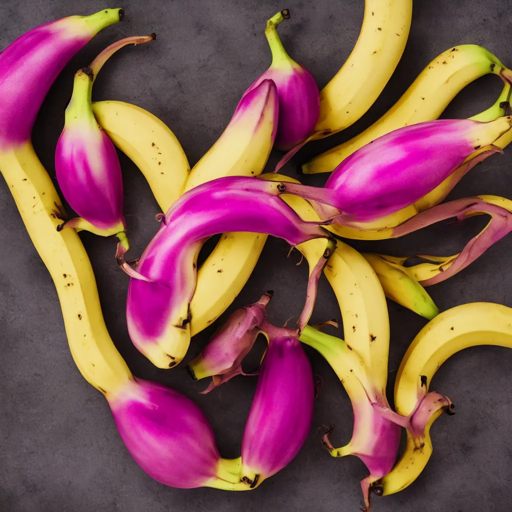 Image similar to banana that resembles dragon fruit, hyper real, food photography, high quality